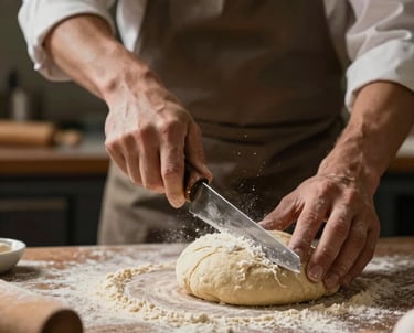 Action shot of a baker scoring dough with a blade before putting it into the oven. Flour dust in the air, dramatic Warm Brown lighting. European / French.