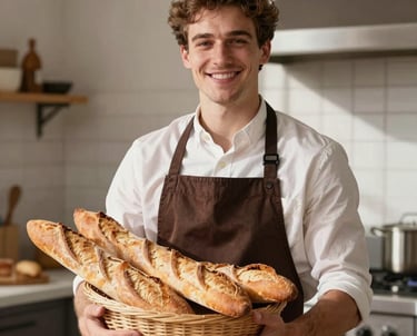 Portrait of a young artisan baker in a Dark Chocolate apron, smiling warmly while holding a basket of fresh baguettes in a sunlit kitchen. European / French.