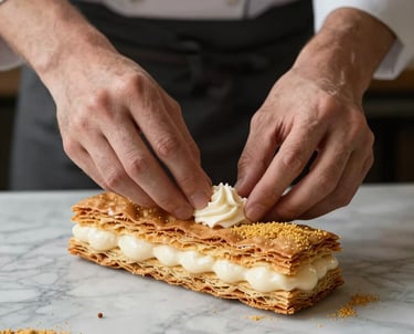Candid shot of a pastry chef's hands delicately assembling a traditional mille-feuille on a marble table. Golden Sand accents. European / French.