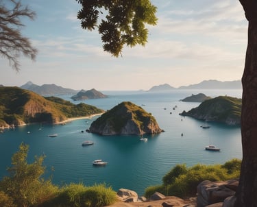 A group of travelers enjoying a boat tour around Labuan Bajo islands under a clear blue sky.