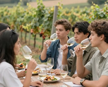 A cozy wine tasting setup with natural wines and fresh, healthy food pairings on a wooden table.