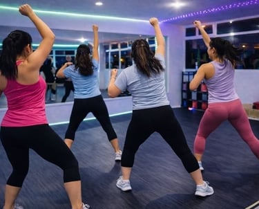 Un grupo de mujeres practicando una clase de baile fitness en un estudio de gimnasio moderno