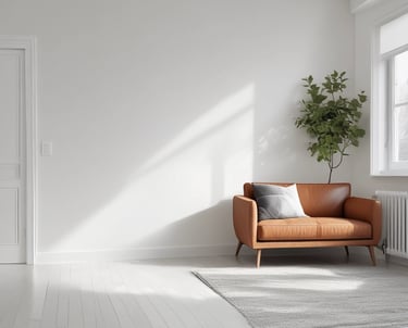 Photo of a worker repairing a wall in a bright, modern home interior.
