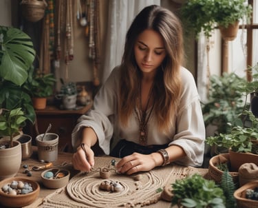 mujer en taller bohemio creando joyeria en macrame con piedras naturales
