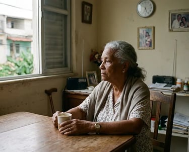 Solidão na velhice: Idosa sentada à mesa de madeira, olhando pela janela com uma xícara de café.