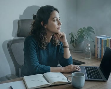Uma mulher pensativa trabalhando remotamente em uma mesa de escritório em casa, com um laptop