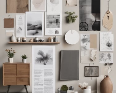 Interior design mood board featuring fabric swatches, color palettes, and furniture sketches.