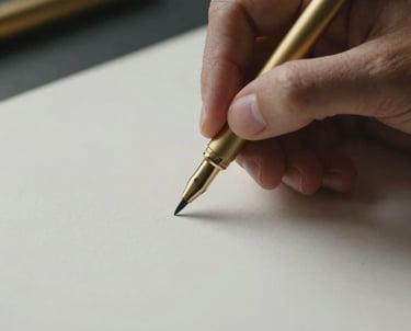Close-up photography of a professional artist using a matte gold pen on premium thick paper. French minimalist aesthetic.