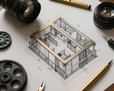 A top-down shot of a large architectural drawing with drafting tools in an orderly arrangement. Matte gold and black theme.