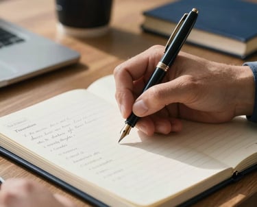 A detailed shot of a person's hand using a fountain pen to take notes on a legal pad. The setting is a quiet, sunlit office with intellectual decor in deep navy and warm off-white.