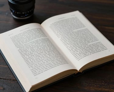 A professional, minimalist photograph of an open legal manuscript on a dark wooden surface. The focus is sharp on the printed text, with forest green and deep navy tones in the blurred background.