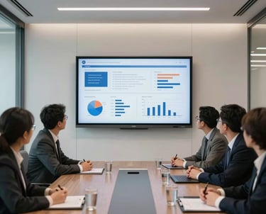 A high-quality photo of a modern office meeting room with a large screen displaying business data. The room is empty but ready for a strategy session. Clean and professional North American office.