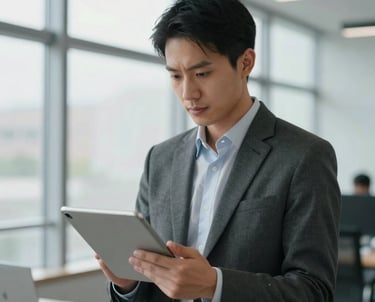 A professional portrait of a data analyst in business attire, looking at a tablet in a modern office with large windows. The lighting is bright and clear. Professional expertise focused.