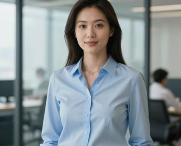 A professional portrait of a female operations specialist in a light blue blouse, standing in front of a glass wall in a bright office environment. Modern North American style, conveying expertise and insight.