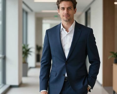 A professional portrait of a male business strategist in a navy blue suit, standing in a modern office hallway with clean architectural lines. North American setting, confident and approachable expression.