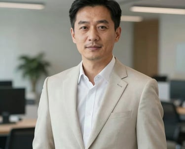 A professional portrait of a project manager in a light-colored suit in a modern office setting. The style is professional, clean, and modern North American.