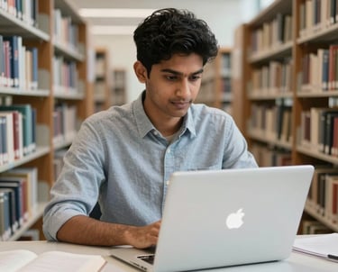 A professional photography shot of a South Asian student in a clean, minimalist library setting, focused on a modern silver laptop, representing the English Mastery program.