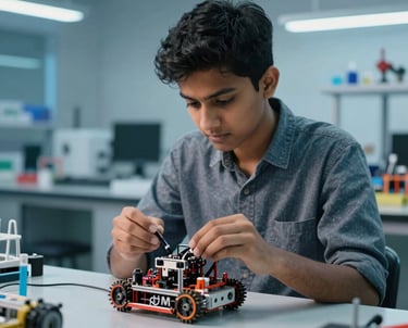 A South Asian student working on a robotics project in a high-tech lab with clean glass surfaces and blue lighting, representing STEM and innovation.