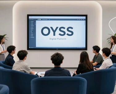 A professional group of students collaborating around a large screen in a futuristic lounge with deep blue furniture and white walls, representing the OYSS digital platform.