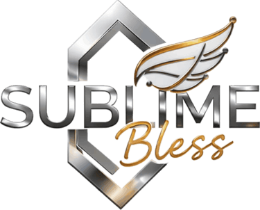 Sublime Bless logo featuring metallic silver typography with a gold wing icon and hexagonal border.