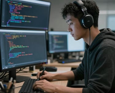A diverse team of developers collaborating over laptops in a bright, modern office space.