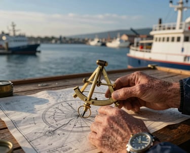 Elegant maritime office with classic navy and gold decor reflecting professionalism and tradition.
