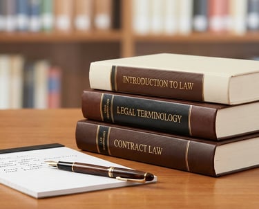 Stack of law books on contract law and legal terminology with a fountain pen and notepad in a library.