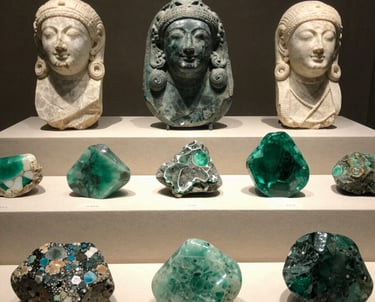 Elegant gallery interior highlighting rare emerald sculptures under soft golden lighting.