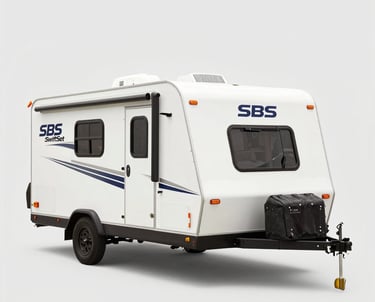 A sleek, modern Coleman-style travel trailer painted in safety orange and dark teal, parked at a busy disaster response site with first responders nearby.