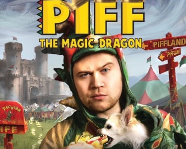 Piff the Magic Dragon in his green dragon suit with Mr. Piffles the dog in front of a castle and circus tents.