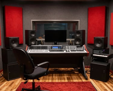 A vibrant recording studio with musicians collaborating passionately on new tracks.