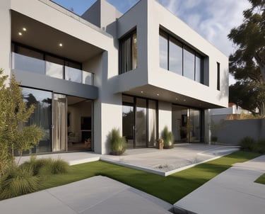 A sleek modern Melbourne home under construction, showcasing clean lines and quality craftsmanship on a sunny day.