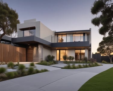A beautifully crafted modern home exterior with clean lines and landscaped garden.