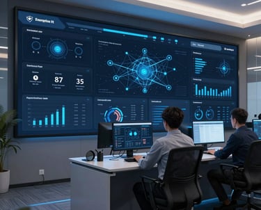 A professional IT technician monitoring multiple screens with network status dashboards.