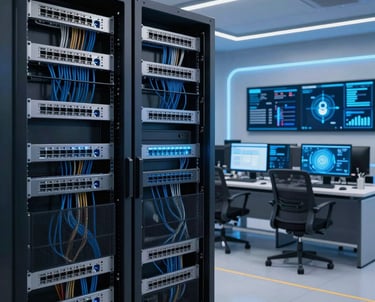 A professional IT technician monitoring multiple screens with network data and security alerts.