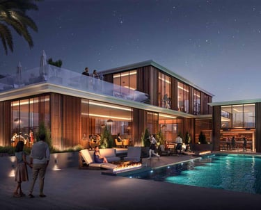 alt="Palm Hills luxury villa at night with private pool modern design and premium lifestyle in Egypt