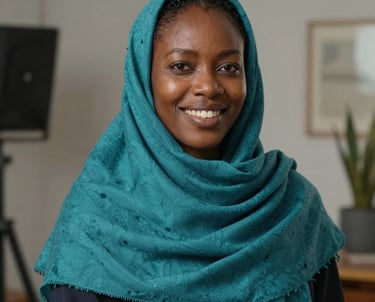 A professional portrait of an African / Pan-African woman with a warm smile, wearing a stylish teal scarf, in a creative studio environment.