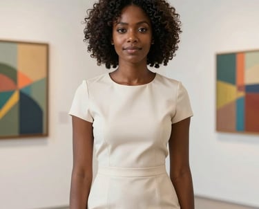 Portrait of an African / Pan-African woman in a professional off-white dress, standing in a bright gallery-style space with creative artwork in the background.