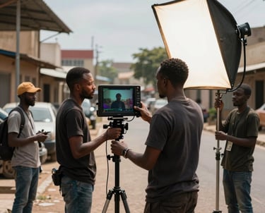 A cinematic shot of a professional film set in an African / Pan-African urban area. A director is reviewing a scene on a monitor while the lighting crew adjusts a large softbox.