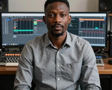 Portrait of an African / Pan-African man in a professional grey shirt, sitting in front of a digital audio workstation with various mixing tools.