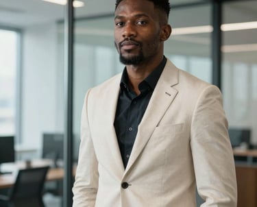 A professional portrait of an African / Pan-African man in a stylish off-white blazer, standing in a brightly lit modern office with glass walls, looking energetic and approachable.