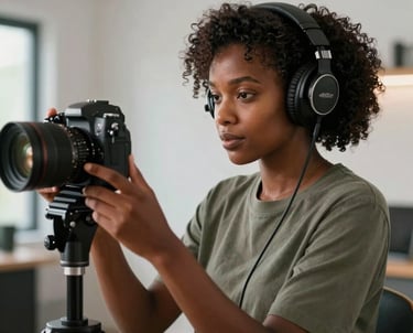 Portrait of an African / Pan-African woman wearing professional headphones, looking focused while adjusting a large studio camera in a modern media room.