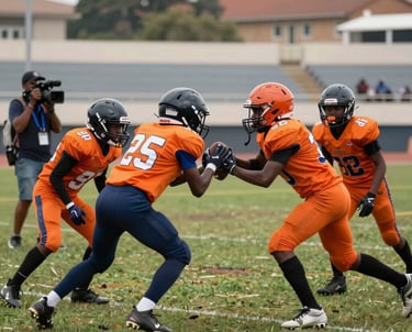 A high-action photograph of a youth football tournament in an African / Pan-African urban stadium. Young players in vibrant orange jerseys are competing intensely as a professional camera crew films from the sidelines.