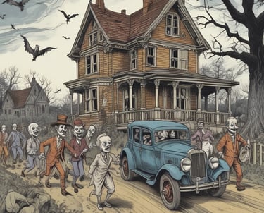 A shadowy, fog-filled stage with eerie silhouettes of actors in gothic costumes under dim, flickering lights.