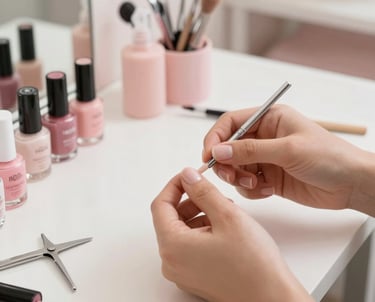 A modern, elegant workspace with soft rose background and feminine manicure tools arranged neatly