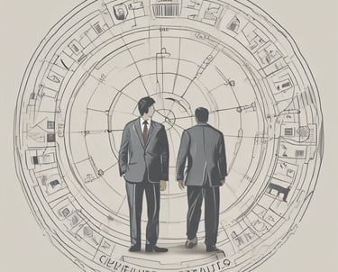 A diverse team of consultants collaborating over documents and laptops in a bright, modern office.