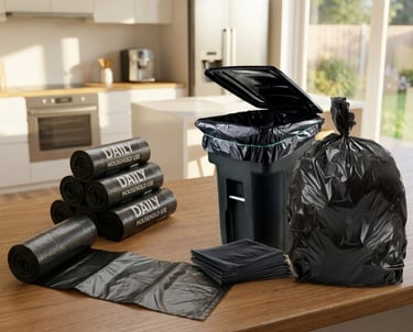 Black garbage bags and roll garbage bags in different sizes arranged in warehouse