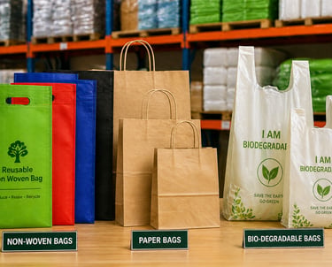 Non-woven bags, paper bags and biodegradable carry bags displayed in clean professional setup