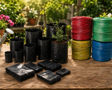 High-quality nursery grow bags and durable plastic sutli thread for gardening, packaging, and industrial use.