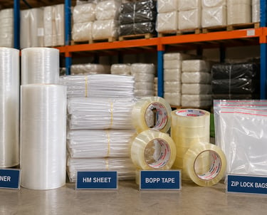 Plastic packaging materials including LD liner, HM sheet, BOPP tape and zip lock bags in organized w